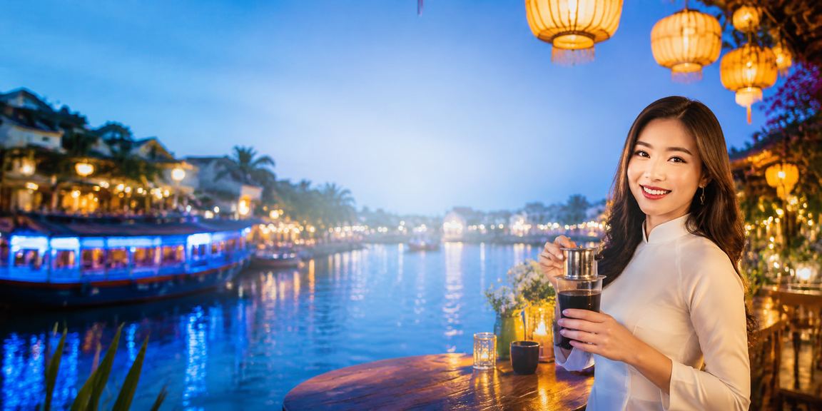 Thành viên VIP tại Hội An thưởng thức cà phê và kiểm tra bonus trên điện thoại